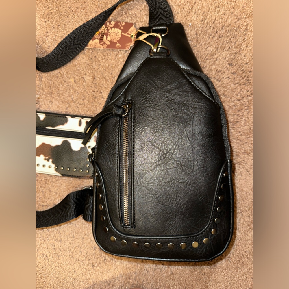 Black Faux Leather Sling Bag with Cowhide Accent Coin Purse - Picture 2 of 3